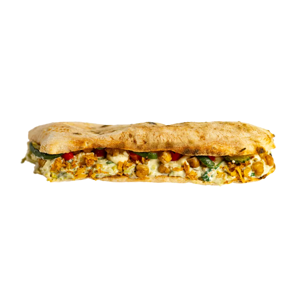 Panini Louie Vegan — cremă vegană de baby spanac și praz, cremă vegană de cartofi, zucchini, năut prăjit, ardei copt, ceapă crocantă