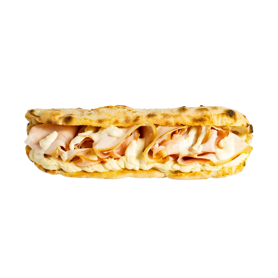 Panini Maradona — porchetta affettata, cremă de cartof, cremă de pecorino, ulei de măsline extravirgin