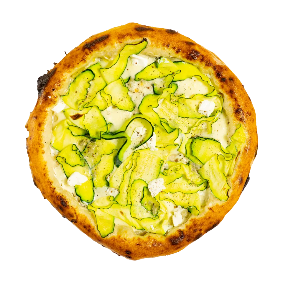 Pizza Formaggi e Zucchini — fior di latte, gorgonzola, parmezan, ricotta, smântână, zucchini, mărar, piper