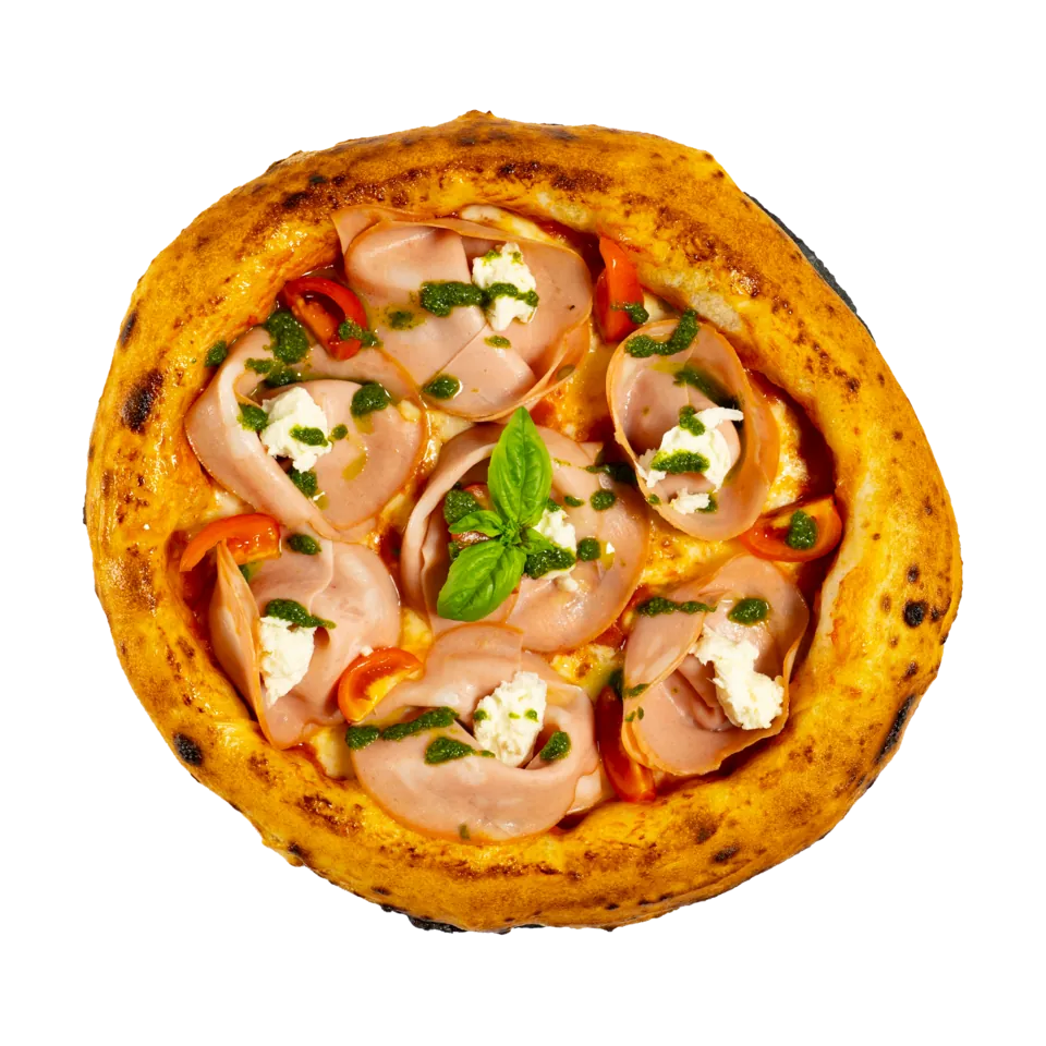 Pizza Mortadella — sos de roșii San Marzano, fior di latte, mortadella, mozzarella di bufala, busuioc, roșii cherry, pesto