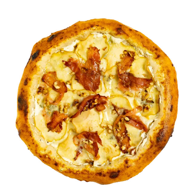 Pizza Pera e Pancetta — sos de ricotta și lapte, fior di latte, gorgonzola, pere Williams, pancetta, nucă, miere