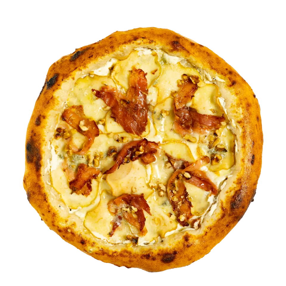 Pizza Pera e Pancetta — sos de ricotta și lapte, fior di latte, gorgonzola, pere Williams, pancetta, nucă, miere
