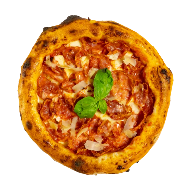 Pizza Salami — sos de roșii San Marzano, fior di latte, salam Napoli, busuioc, parmezan