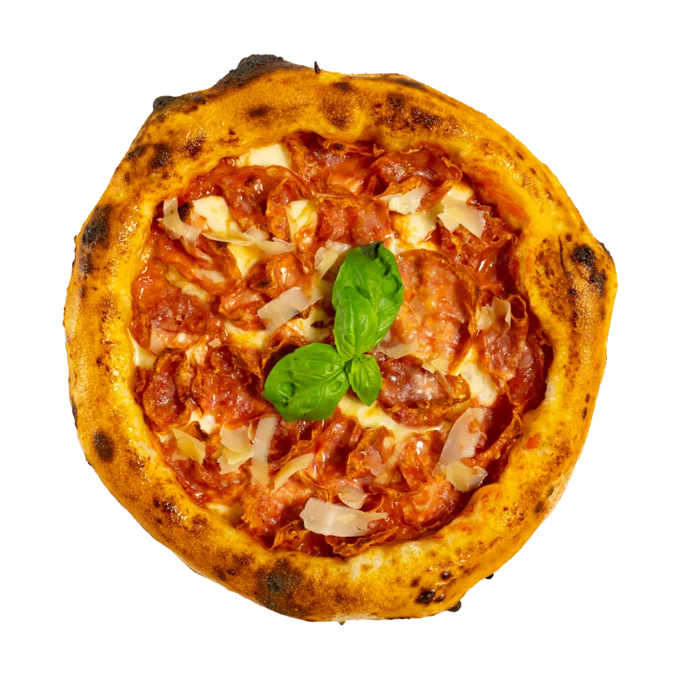 Pizza Salami — sos de roșii San Marzano, fior di latte, salam Napoli, busuioc, parmezan