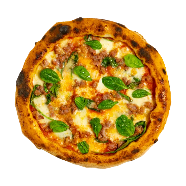 Pizza Salsiccia e Gorgonzola — sos de roșii San Marzano, fior di latte, salsiccia, gorgonzola, baby spanac