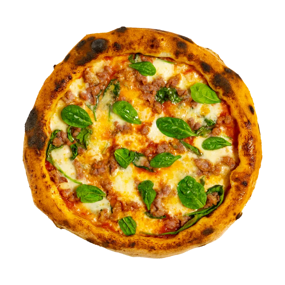 Pizza Salsiccia e Gorgonzola — sos de roșii San Marzano, fior di latte, salsiccia, gorgonzola, baby spanac